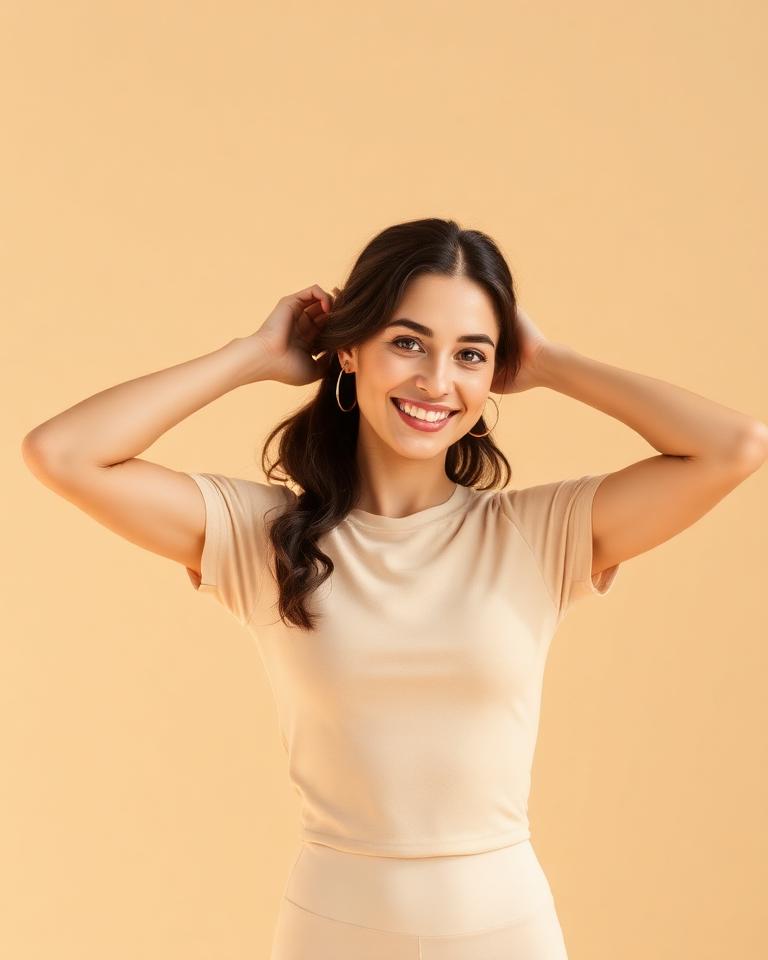 Smiling woman in beige sportswear tying her hair back